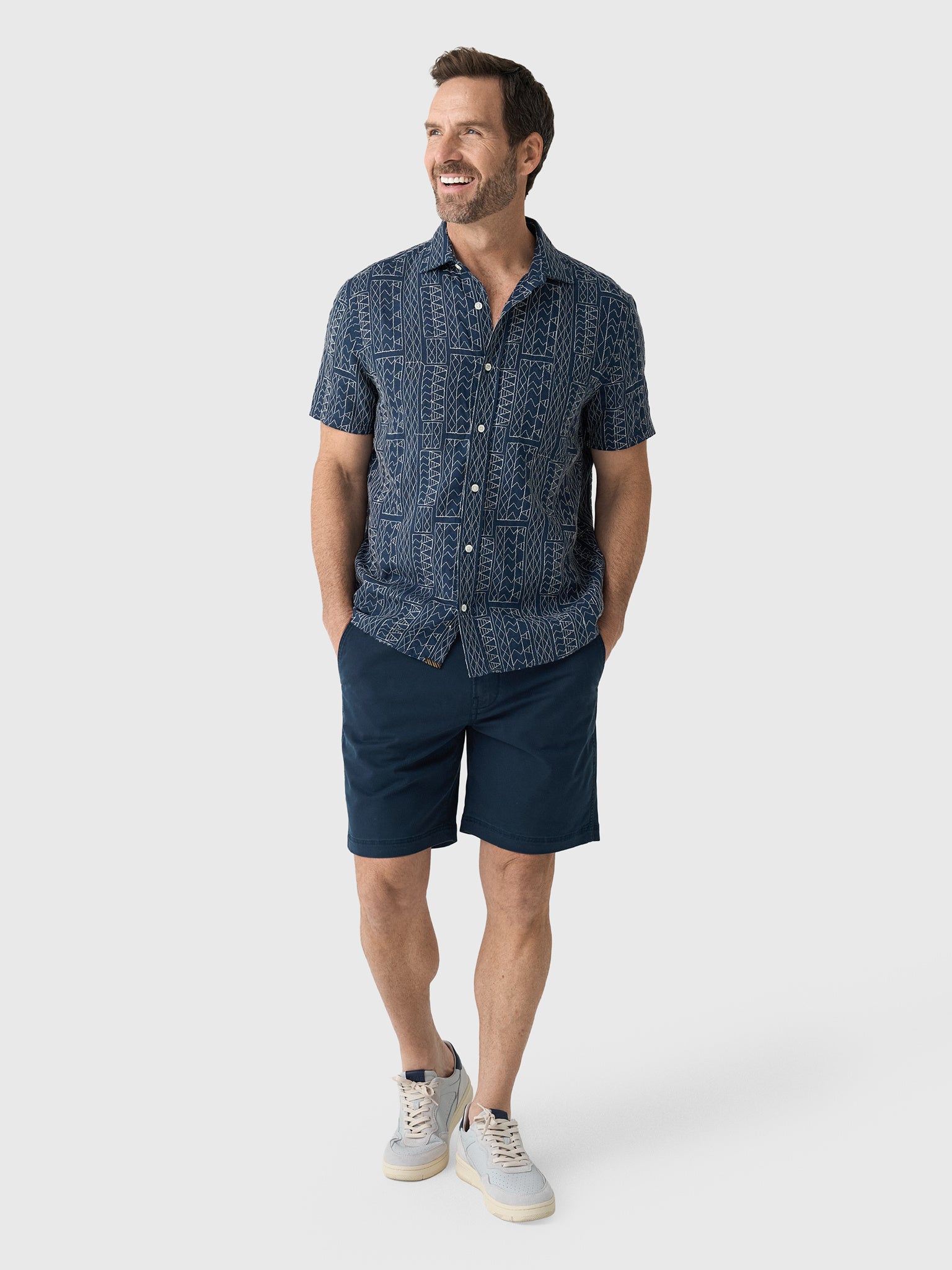 Billy Reid Men's Short Sleeve Geo Stitch Embroidered Treme Shirt - Saint Bernard