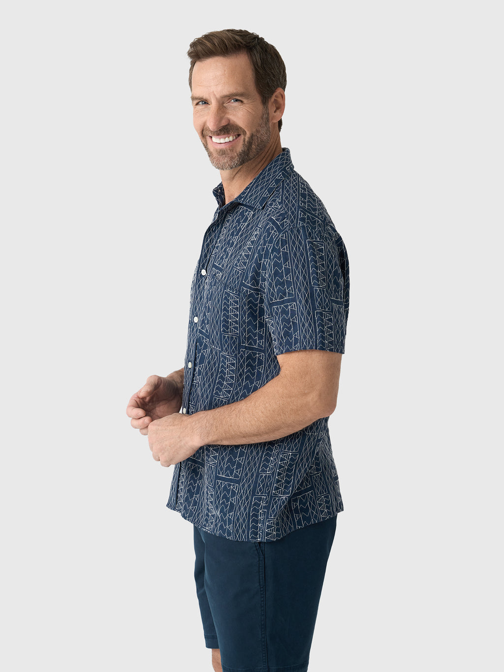 Billy Reid Men's Short Sleeve Geo Stitch Embroidered Treme Shirt - Saint Bernard