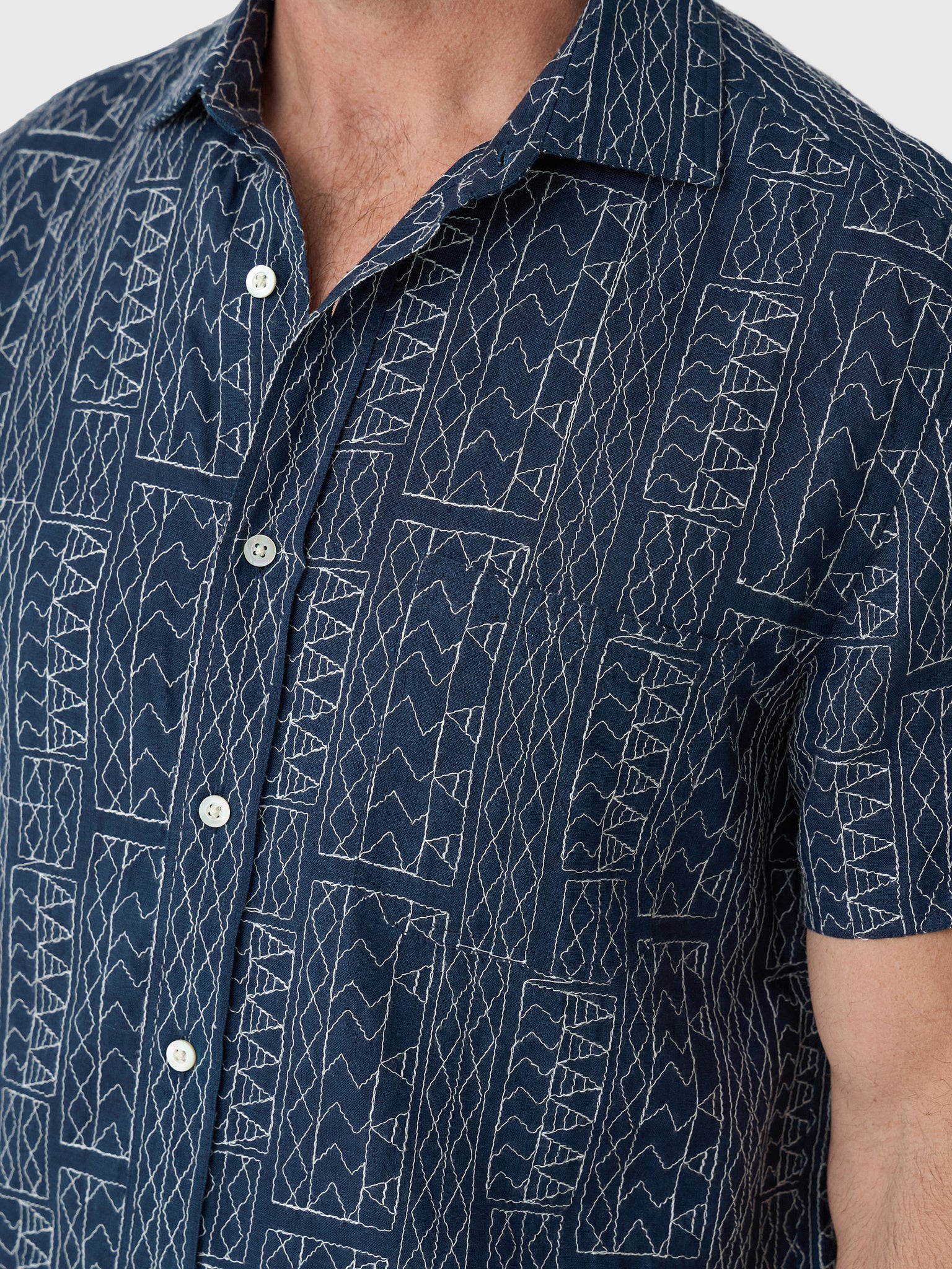 Billy Reid Men's Short Sleeve Geo Stitch Embroidered Treme Shirt - Saint Bernard