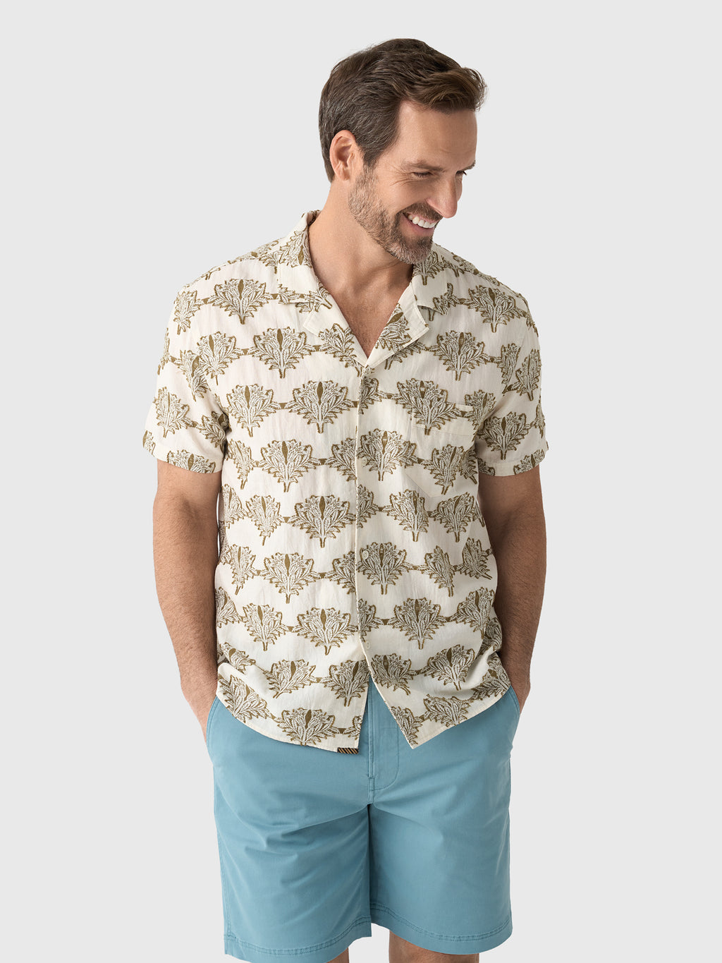 Billy Reid Men's Short Sleeve Botanical Jacquard Camp Shirt - Saint Bernard