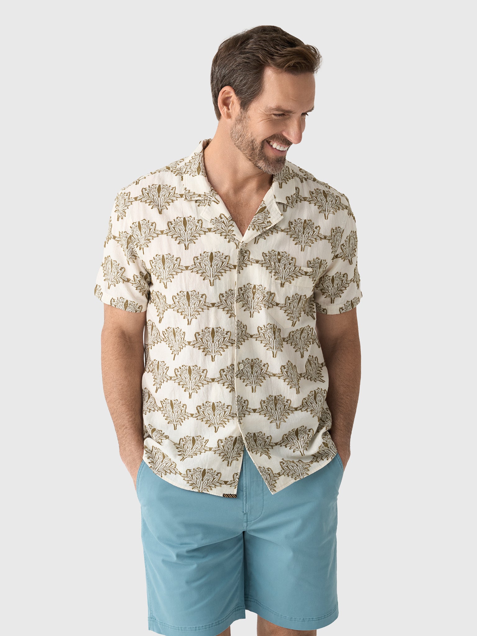 Billy Reid Men's Short Sleeve Botanical Jacquard Camp Shirt - Saint Bernard