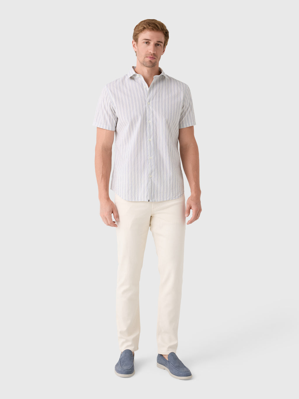 Billy Reid Men's Short Sleeve Seersucker Stripe Hutcheson Sport Shirt - Saint Bernard