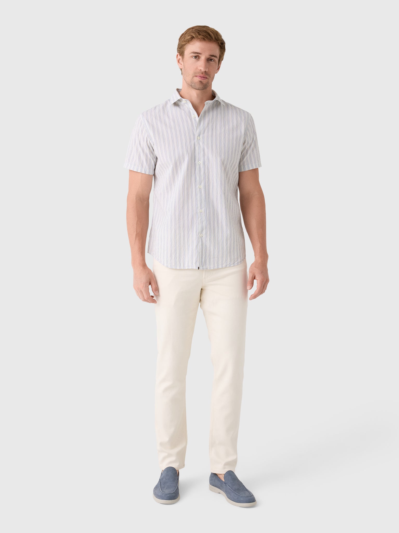 Billy Reid Men's Short Sleeve Seersucker Stripe Hutcheson Sport Shirt - Saint Bernard