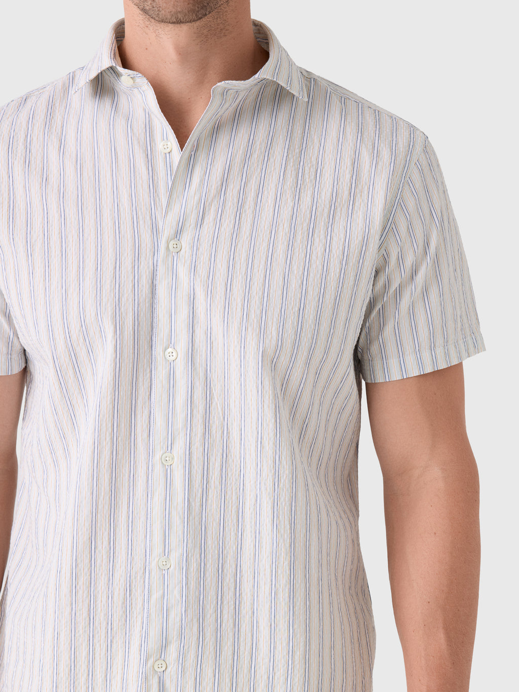 Billy Reid Men's Short Sleeve Seersucker Stripe Hutcheson Sport Shirt - Saint Bernard