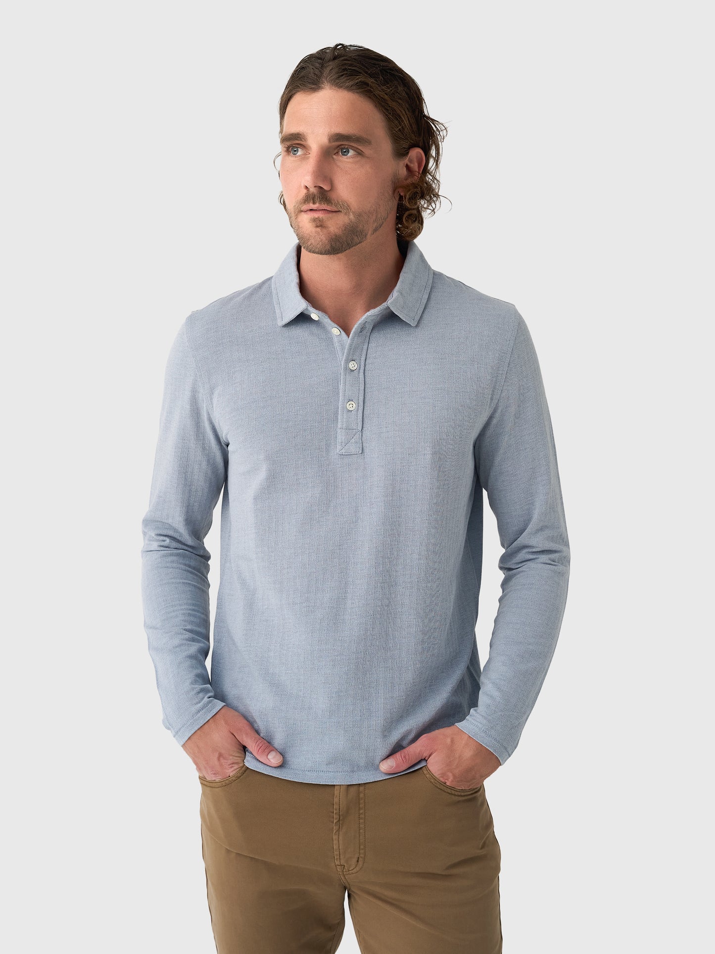 Billy Reid Men's Long Sleeve Herringbone Polo - Saint Bernard