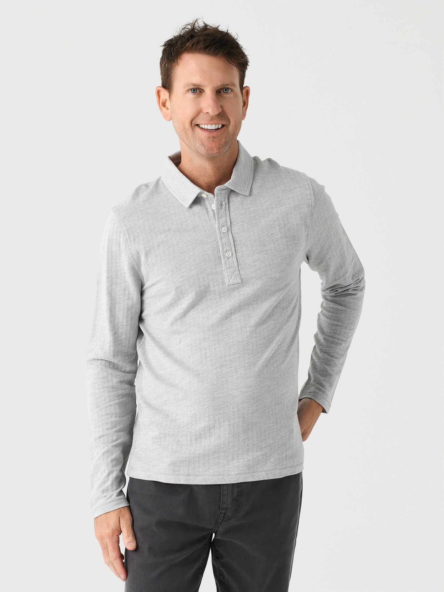 Billy Reid Men's Long Sleeve Herringbone Polo - Saint Bernard