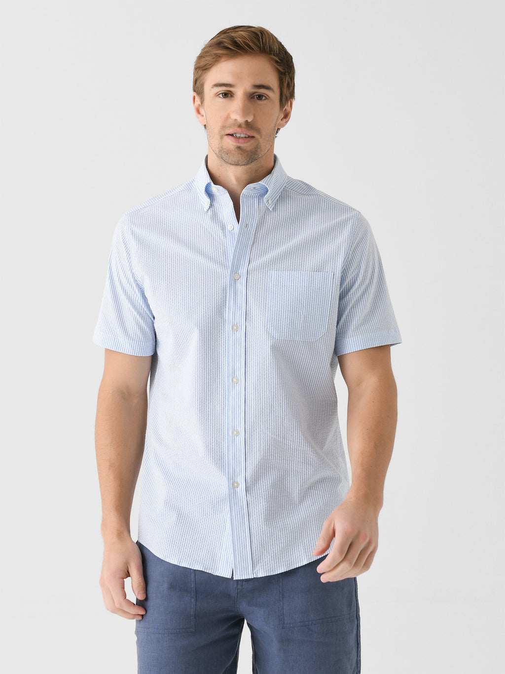 Southern Tide Men's Folly Field Stripe Seersucker Short Sleeve Sport Shirt - Saint Bernard