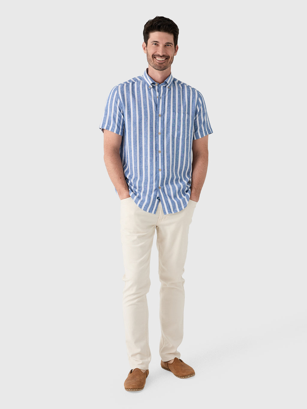 Southern Tide Men's Seamark Stripe Linen-Rayon Short Sleeve Sport Shirt - Saint Bernard