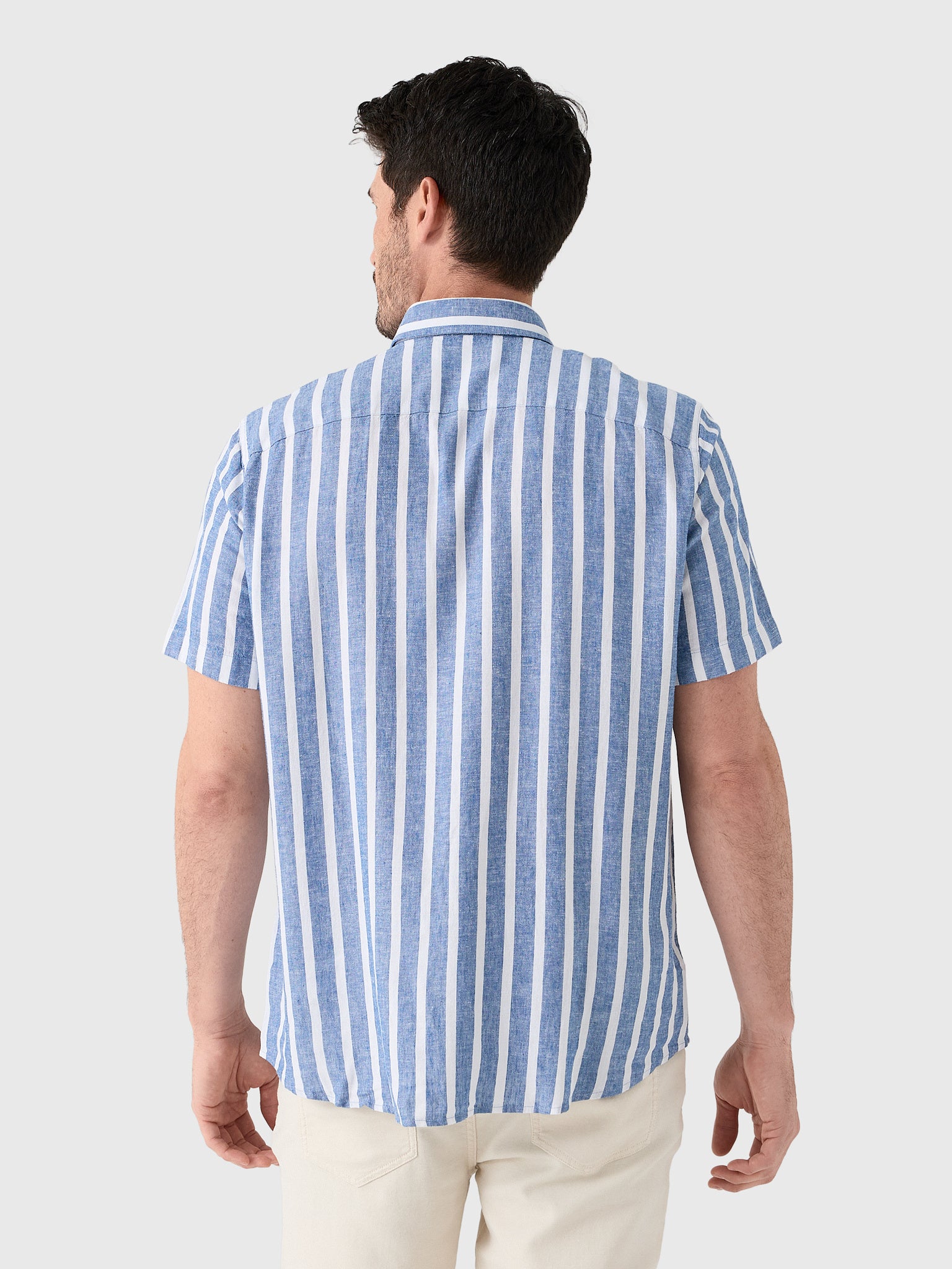 Southern Tide Men's Seamark Stripe Linen-Rayon Short Sleeve Sport Shirt - Saint Bernard