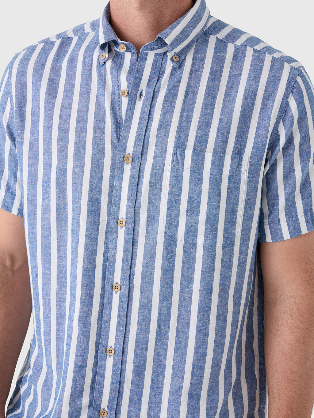 Southern Tide Men's Seamark Stripe Linen-Rayon Short Sleeve Sport Shirt - Saint Bernard