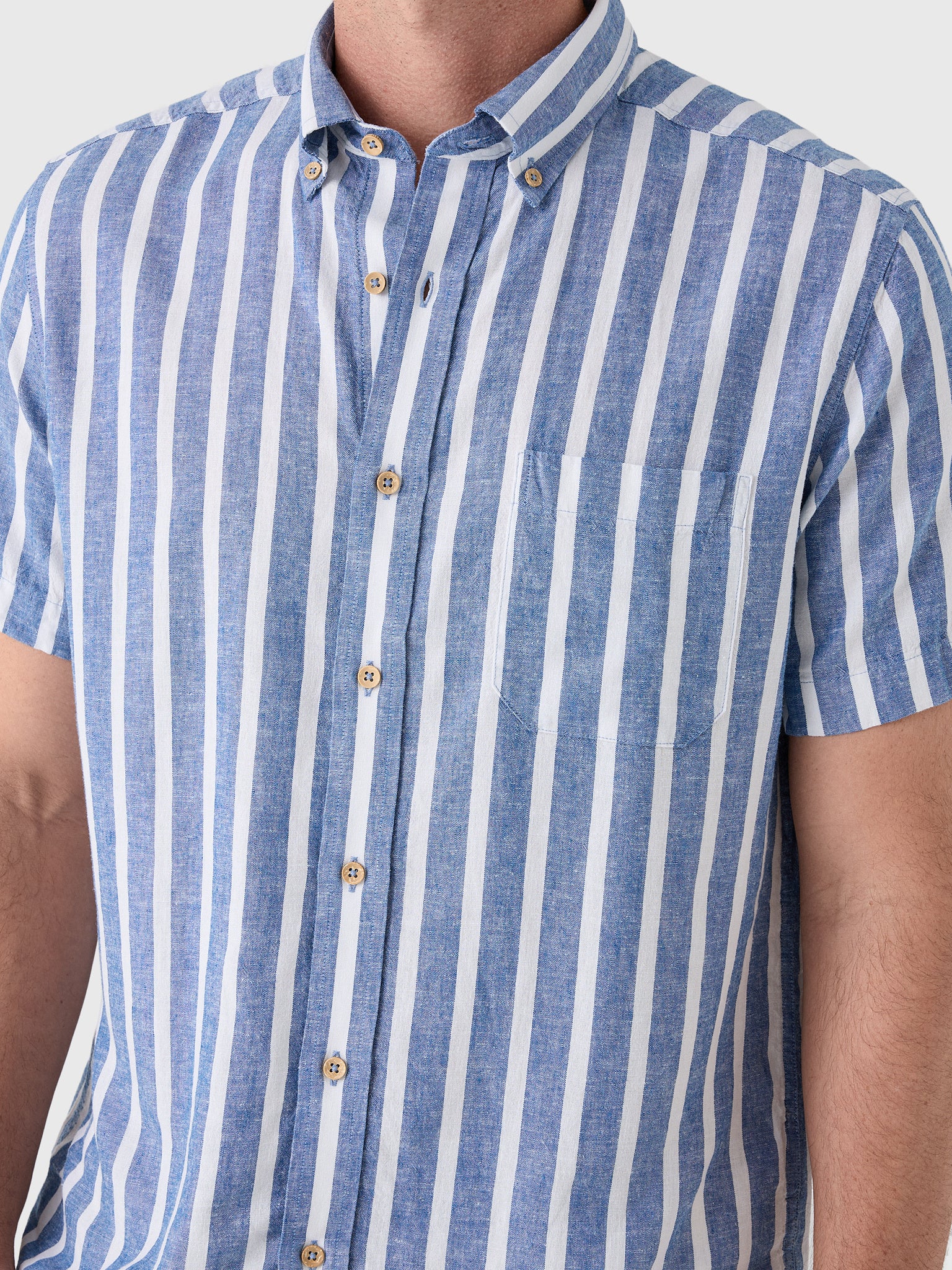 Southern Tide Men's Seamark Stripe Linen-Rayon Short Sleeve Sport Shirt - Saint Bernard