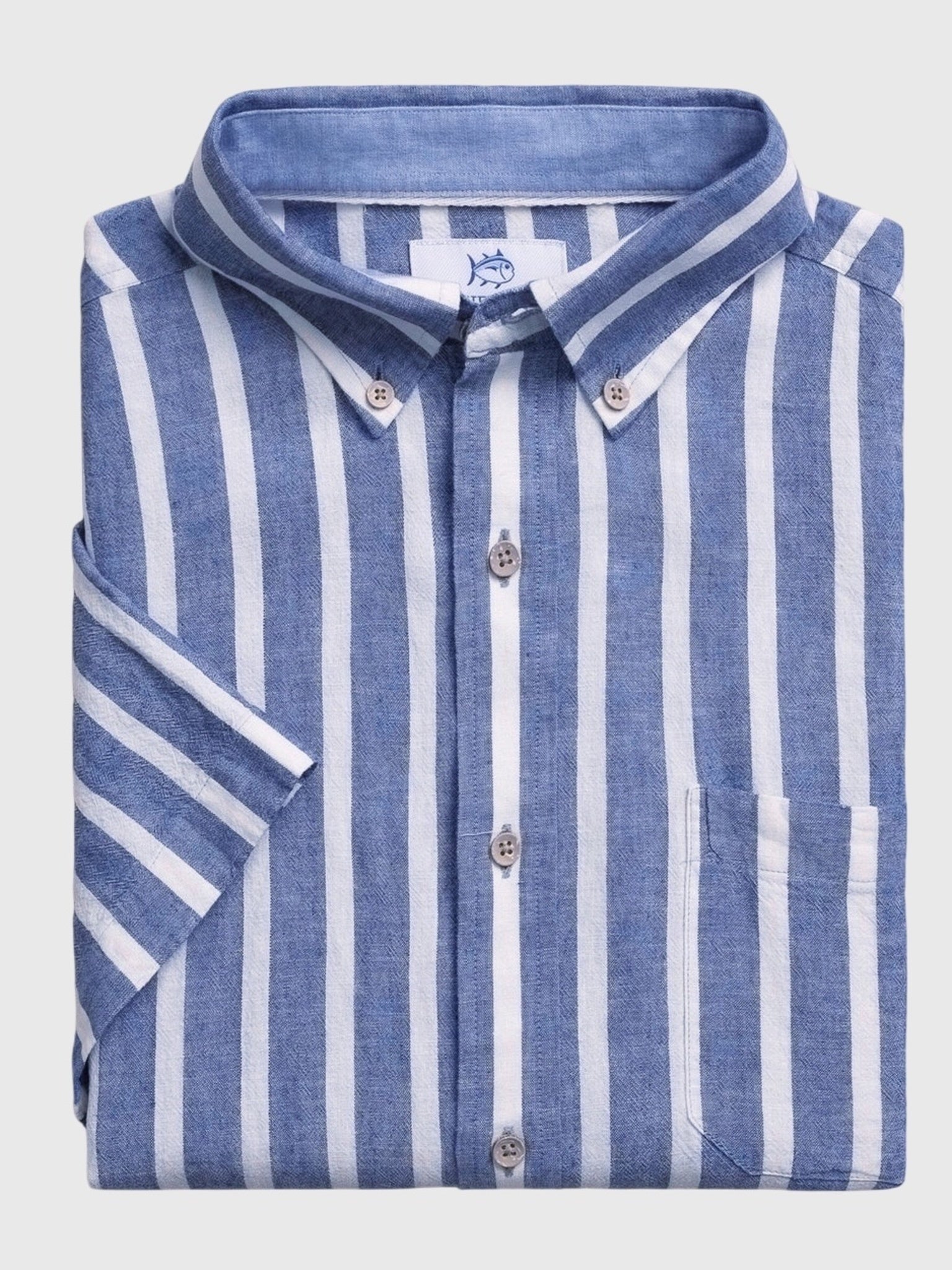 Southern Tide Men's Seamark Stripe Linen-Rayon Short Sleeve Sport Shirt - Saint Bernard