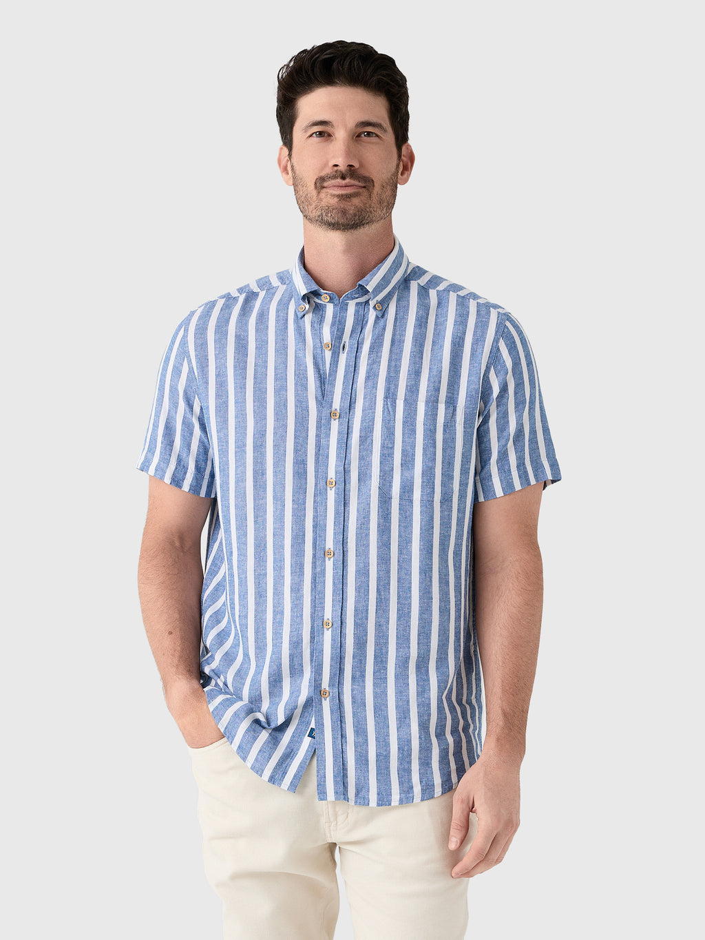 Southern Tide Men's Seamark Stripe Linen-Rayon Short Sleeve Sport Shirt - Saint Bernard