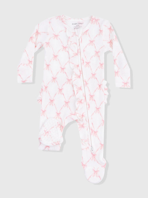 Angel Dear Baby Girls' Ribbon Bow Trellis 2-Way Zipper Ruffle Back Footie