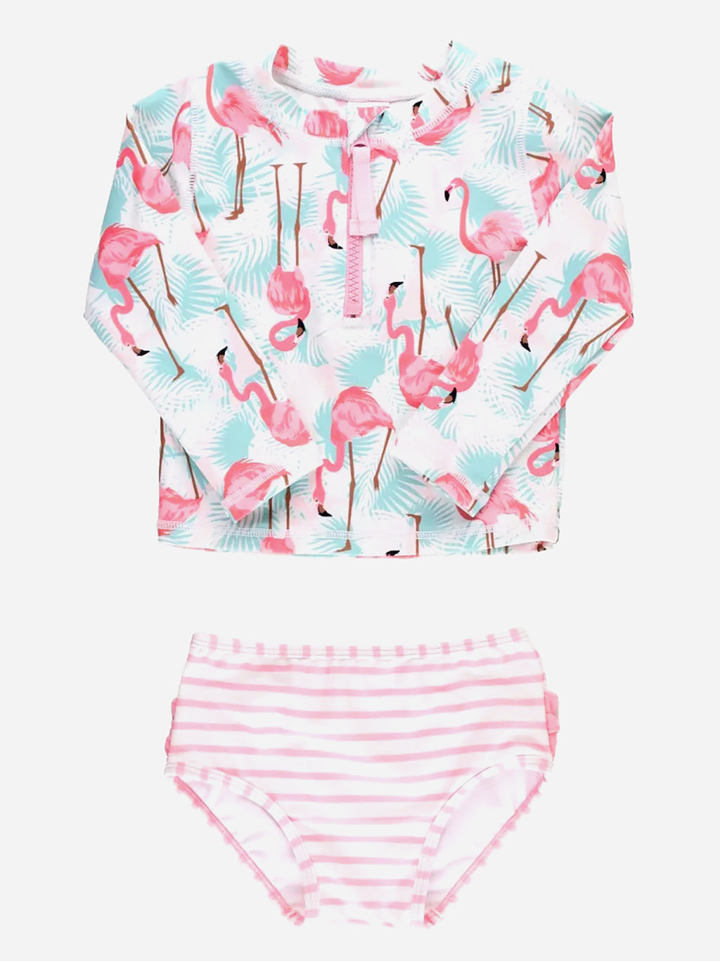 Rufflebutts Girls' Long Sleeve Zipper Rash Guard Bikini Set - Saint Bernard