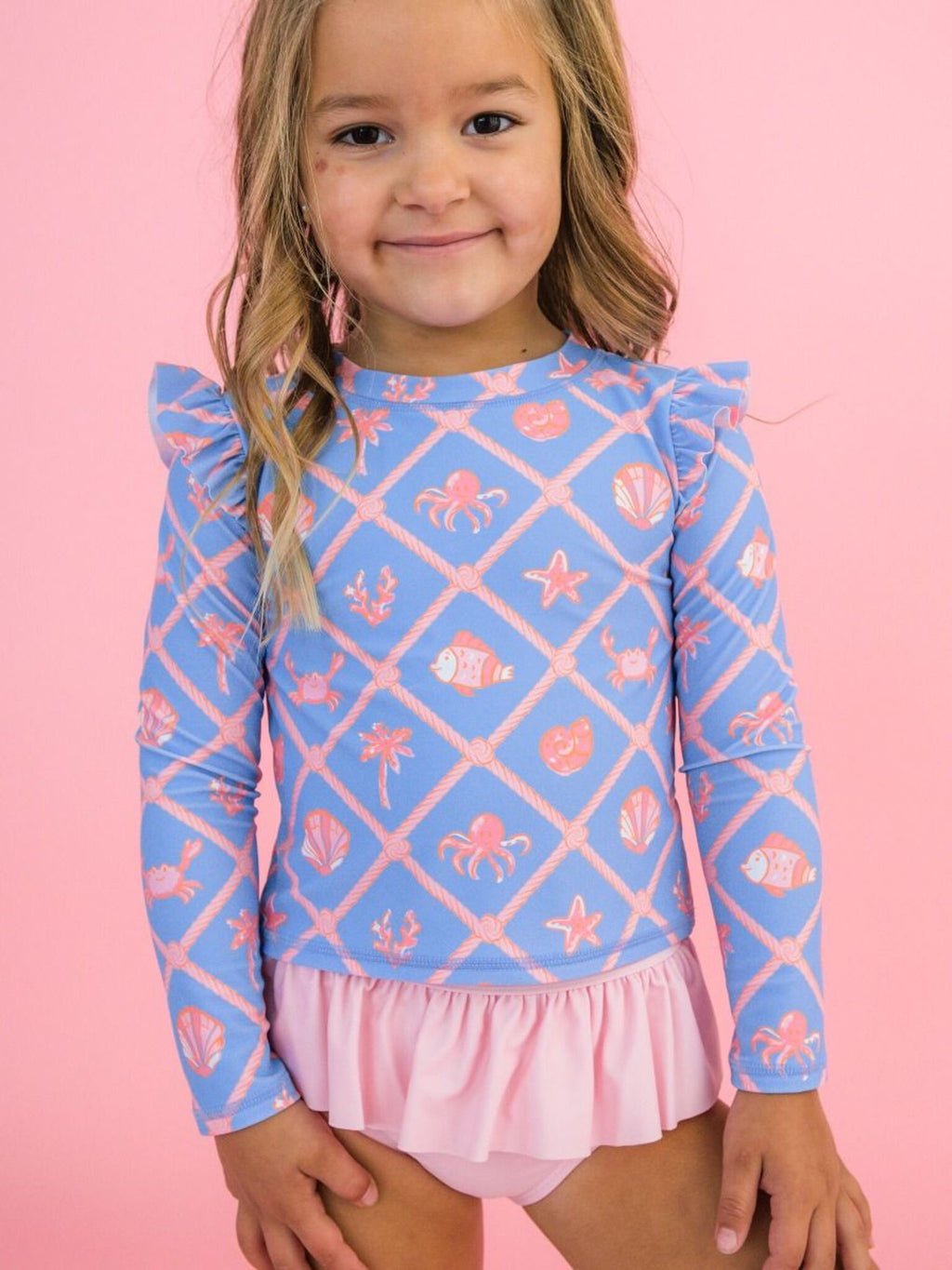Rufflebutts Girls' Flutter Long Sleeve Rash Guard Skirted Bikini Set - Saint Bernard
