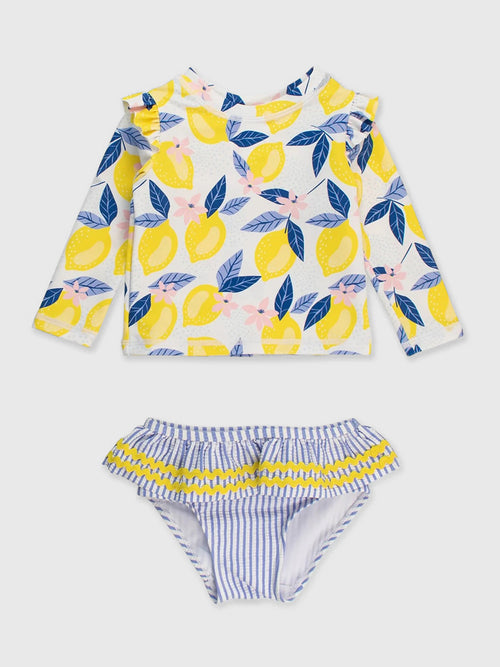 Rufflebutts Girls' Flutter Long Sleeve Rash Guard Skirted Bikini Set