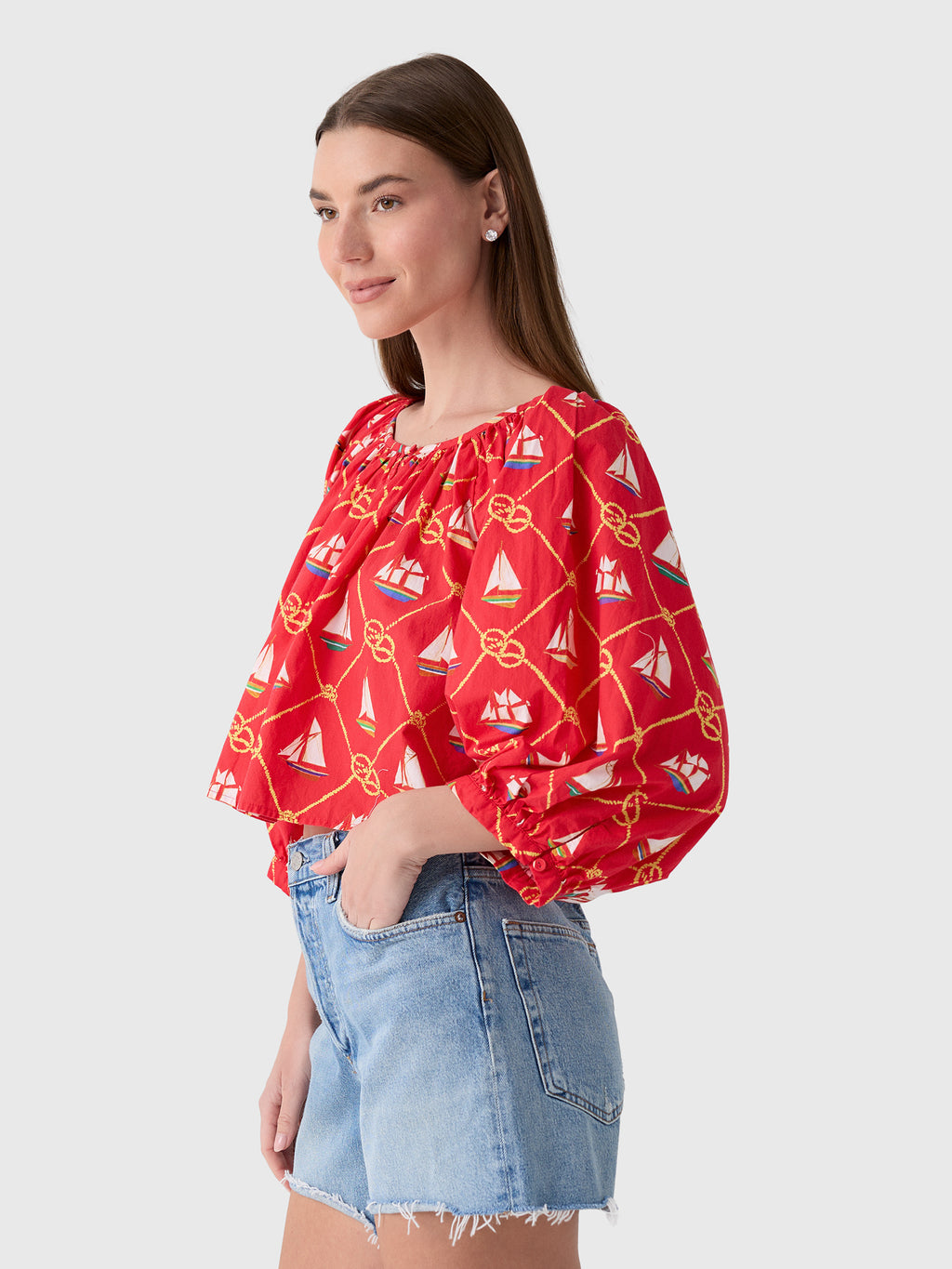 Coniglio Palm Beach Women's Cropped Shirred Half-Placket Blouse - Saint Bernard