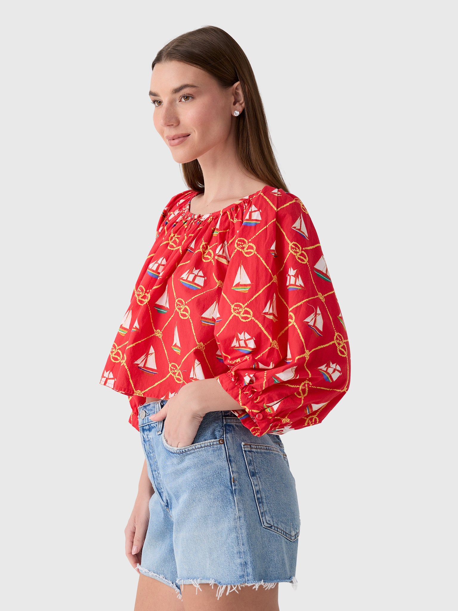 Coniglio Palm Beach Women's Cropped Shirred Half-Placket Blouse - Saint Bernard