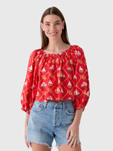Coniglio Palm Beach Women's Cropped Shirred Half-Placket Blouse - Saint Bernard