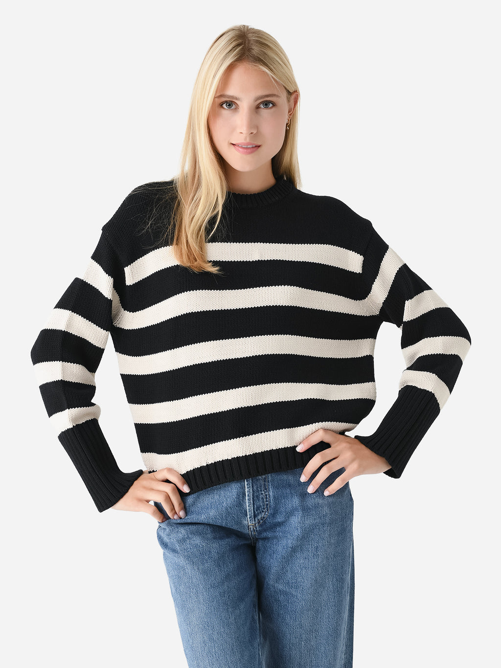 White + Warren Women's Cotton Striped Ribbed Crewneck - Saint Bernard