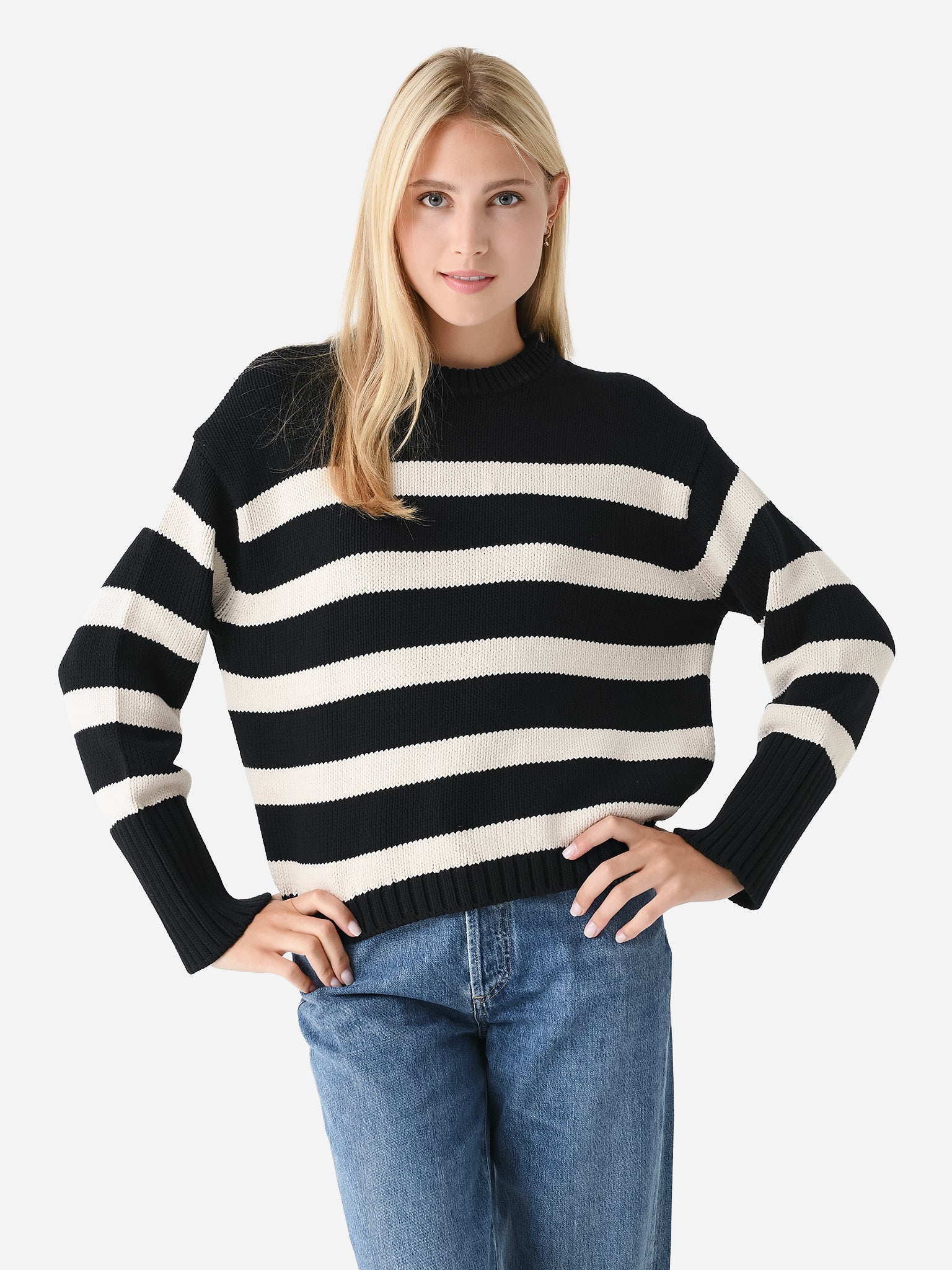 White + Warren Women's Cotton Striped Ribbed Crewneck - Saint Bernard