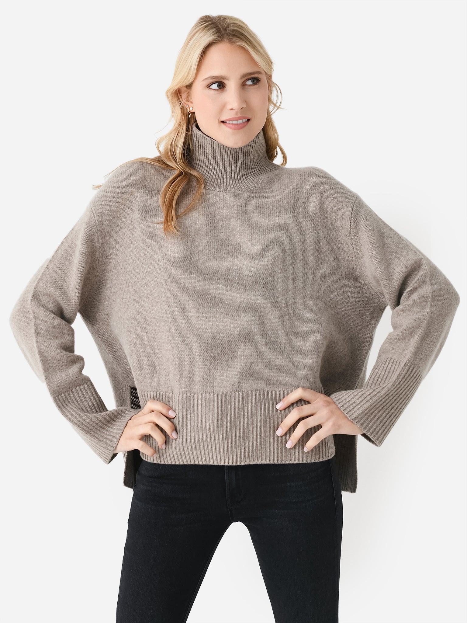White + Warren Women's Merino Cashmere Ribbed Trim Standneck Sweater - Saint Bernard