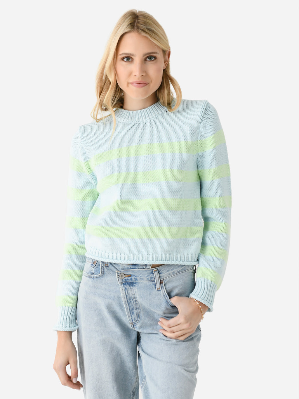 White + Warren Women's Cotton Rope Striped Crewneck Sweater - Saint Bernard