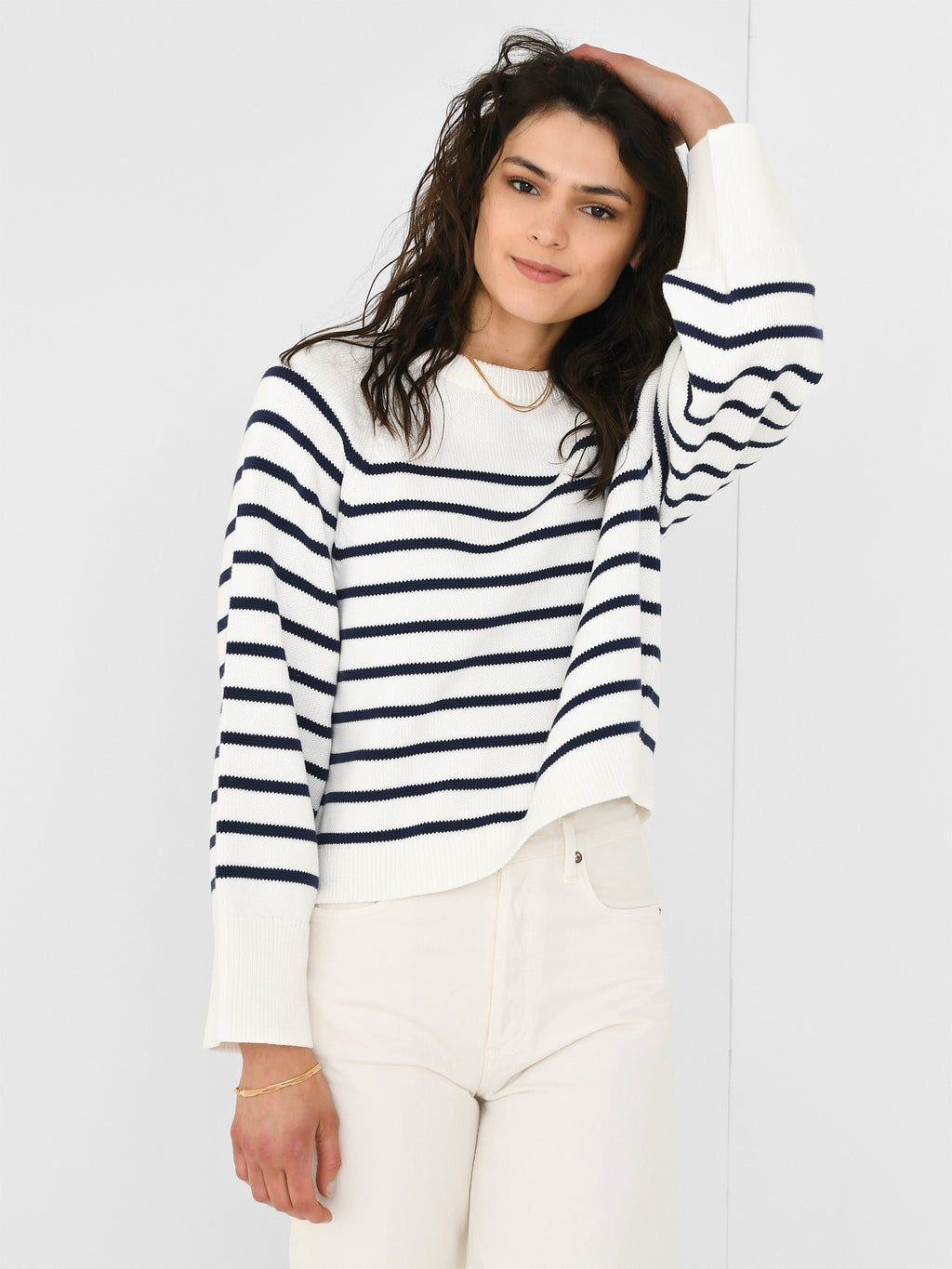 White + Warren Women's Organic Cotton Striped Raglan Crewneck - Saint Bernard