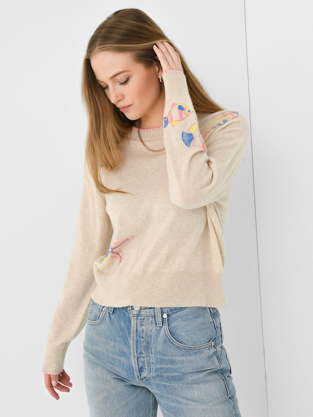 White + Warren Women's Cashmere Beachcomber Embroidered Crewneck Sweater - Saint Bernard