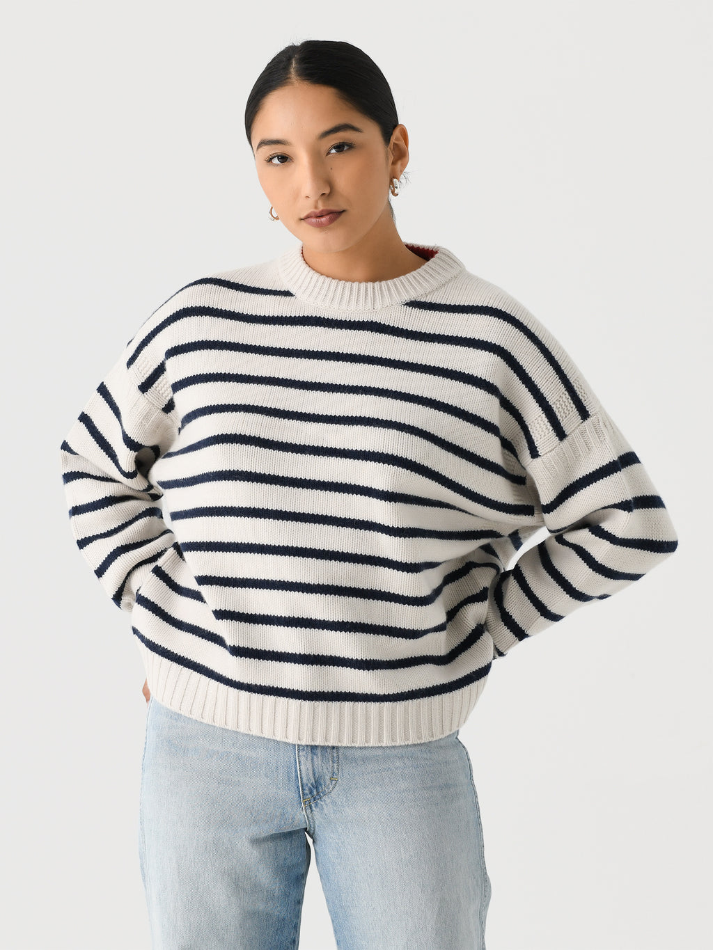 White + Warren Women's Merino Cashmere Striped Crewneck - Saint Bernard