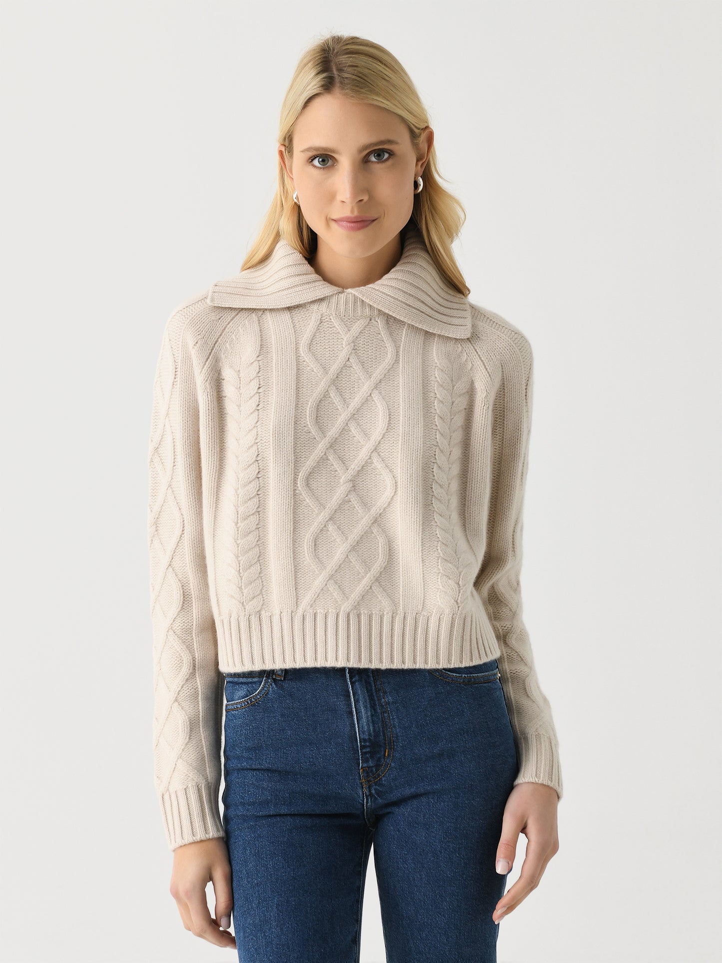 White + Warren Women's Cashmere Luxe Cable Collar Crewneck - Saint Bernard