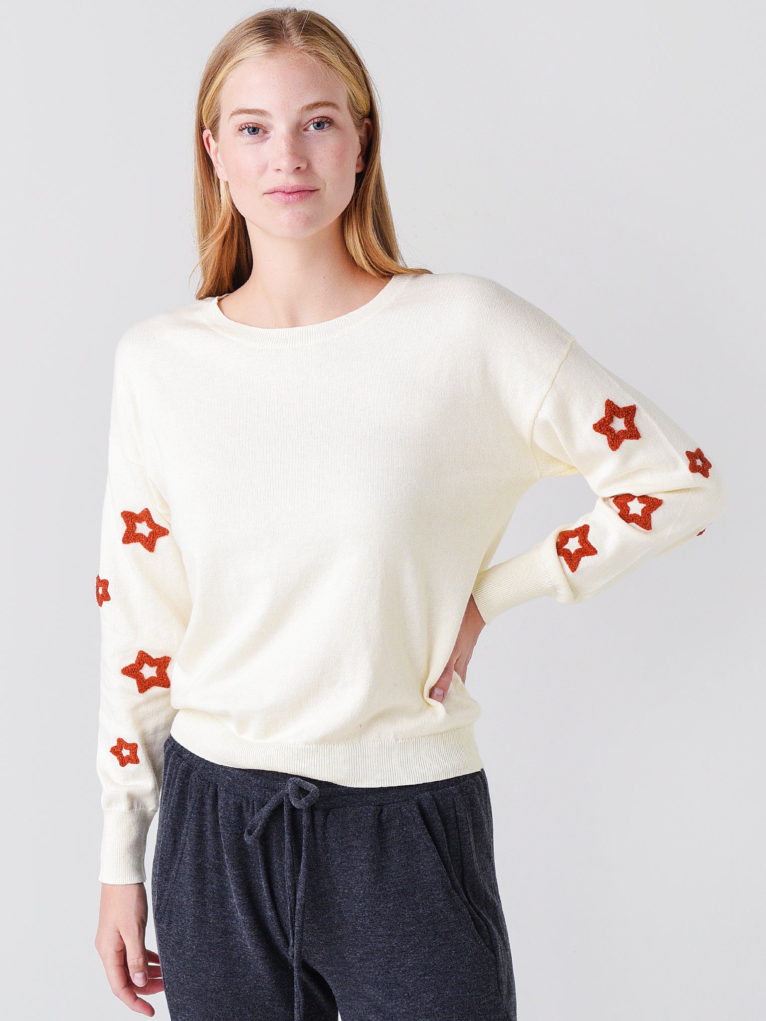 J Society Women's Cotton Sweater w/ Star Sleeve - Saint Bernard