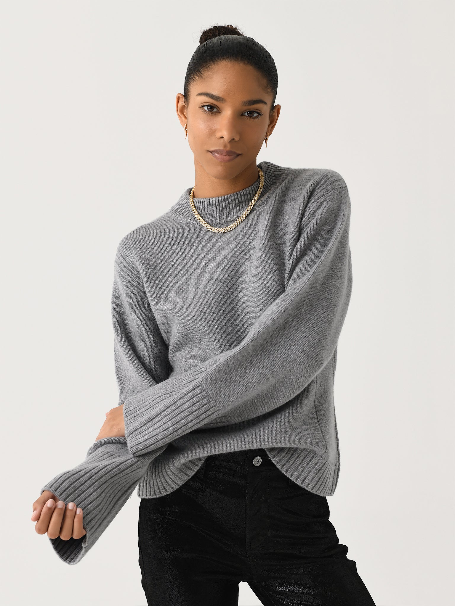 White + Warren Women's Merino Cashmere Waisted Crewneck - Saint Bernard