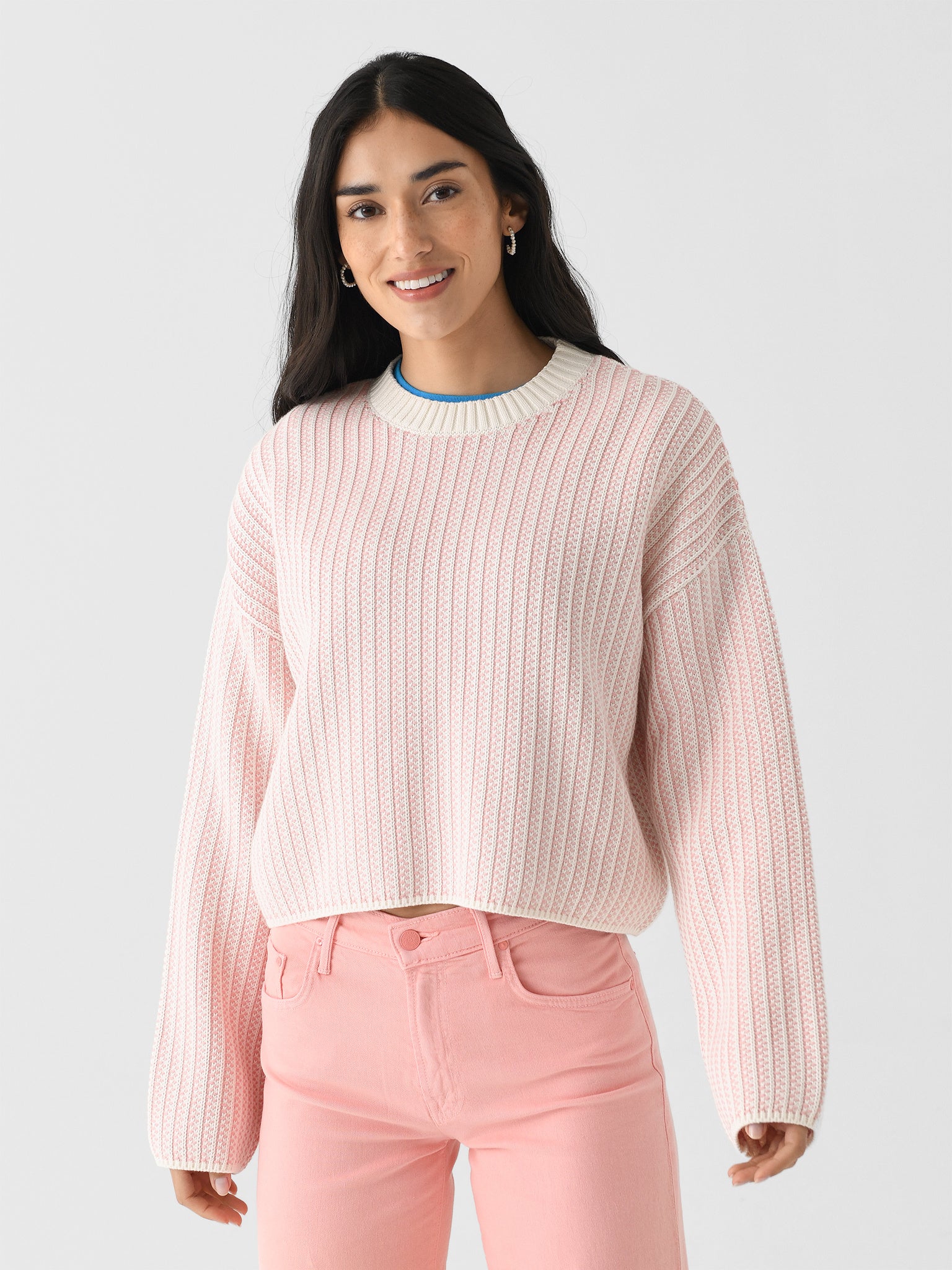 White + Warren Women's Organic Cotton Two Tone Textured Crewneck - Saint Bernard