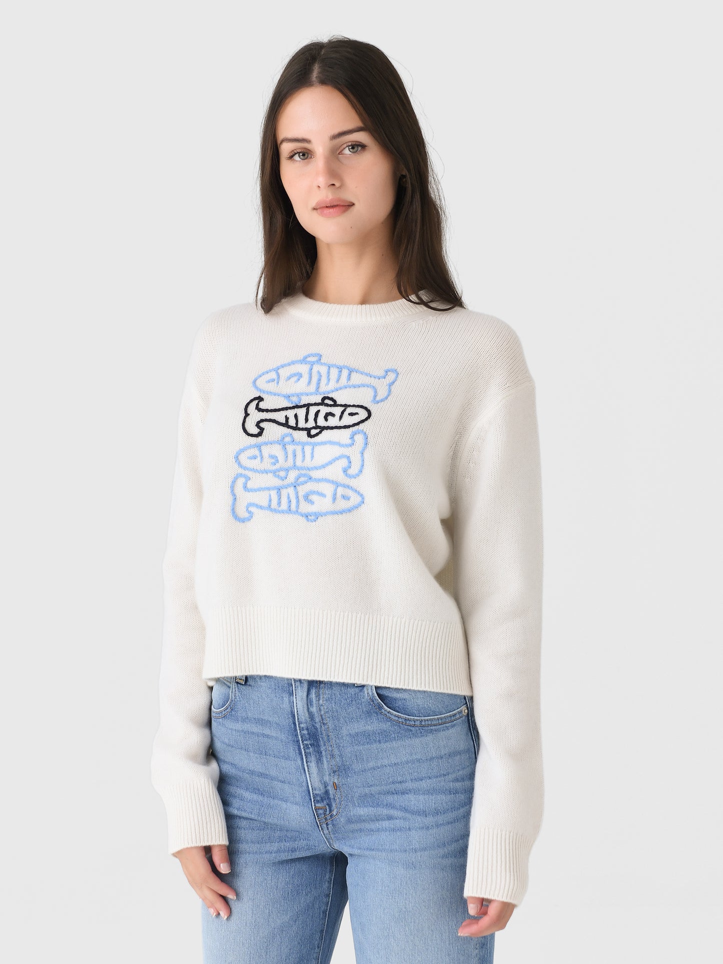 White + Warren Women's Cashmere Sardine Embroidered Crewneck Sweater - Saint Bernard