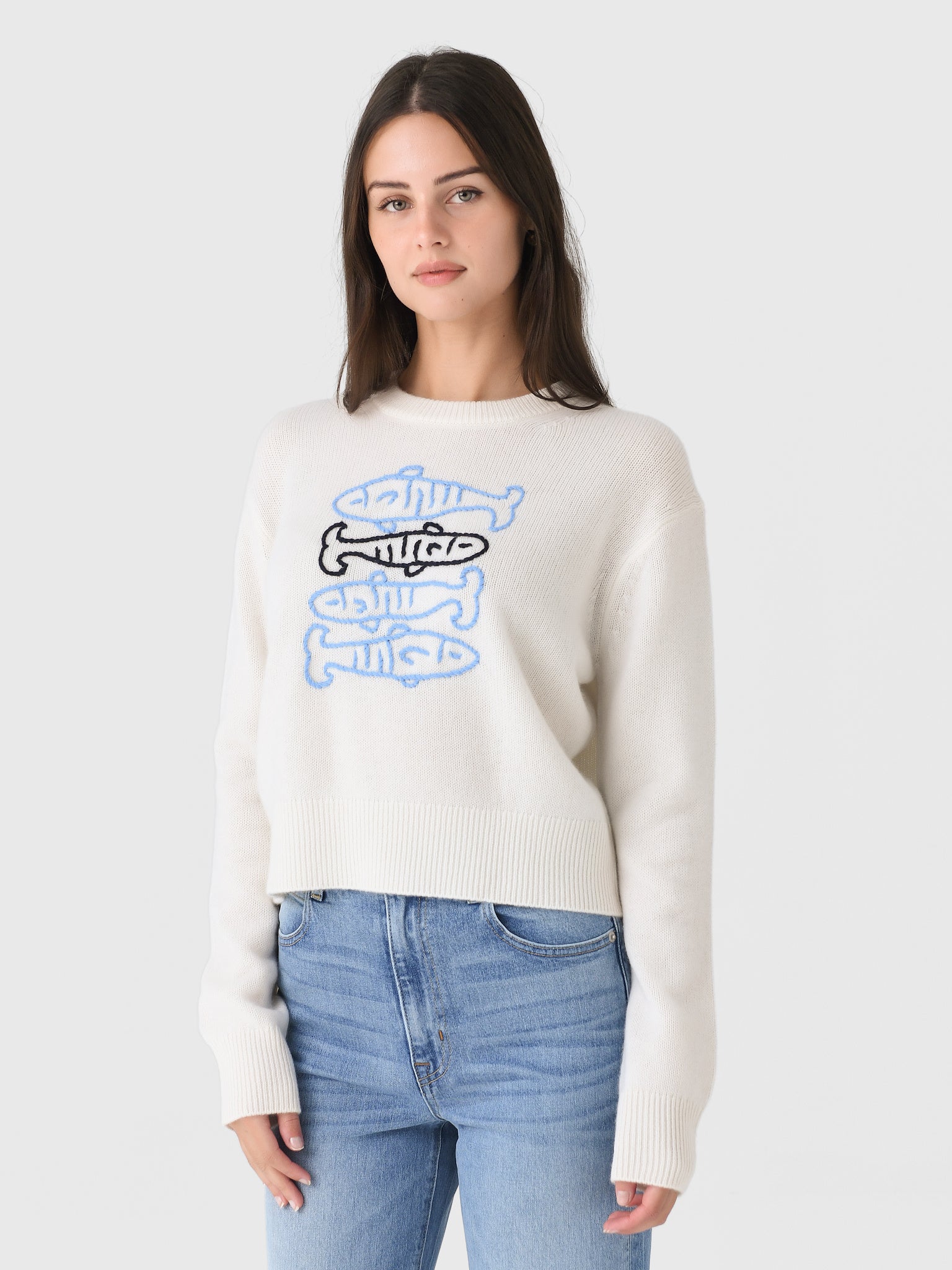 White + Warren Women's Cashmere Sardine Embroidered Crewneck Sweater - Saint Bernard
