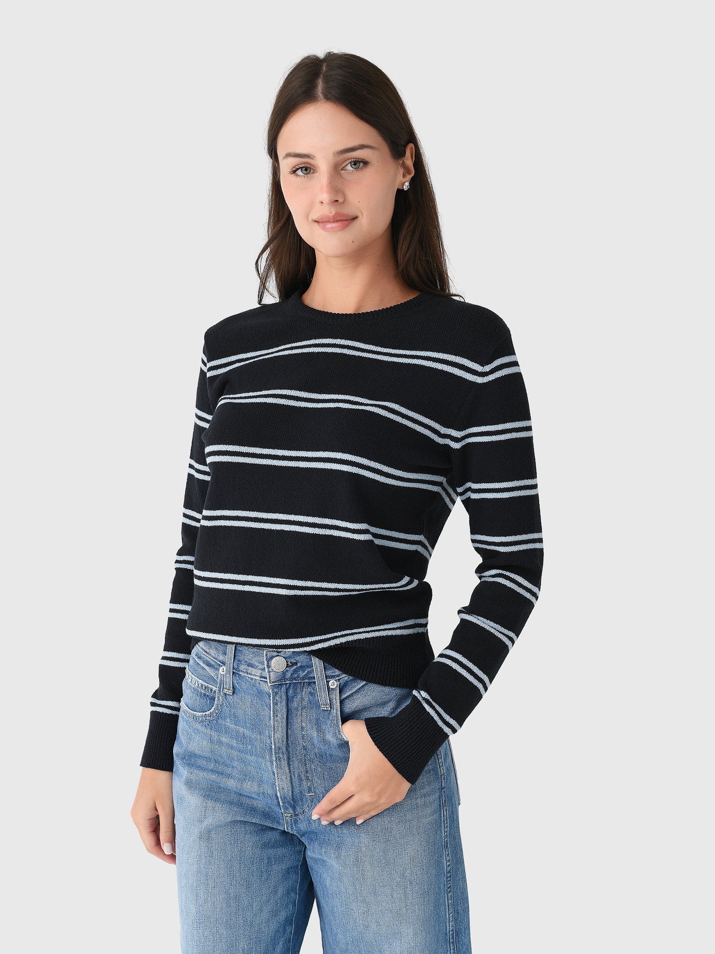White + Warren Women's Fine Cotton Bouclé Striped Crewneck Sweater - Saint Bernard