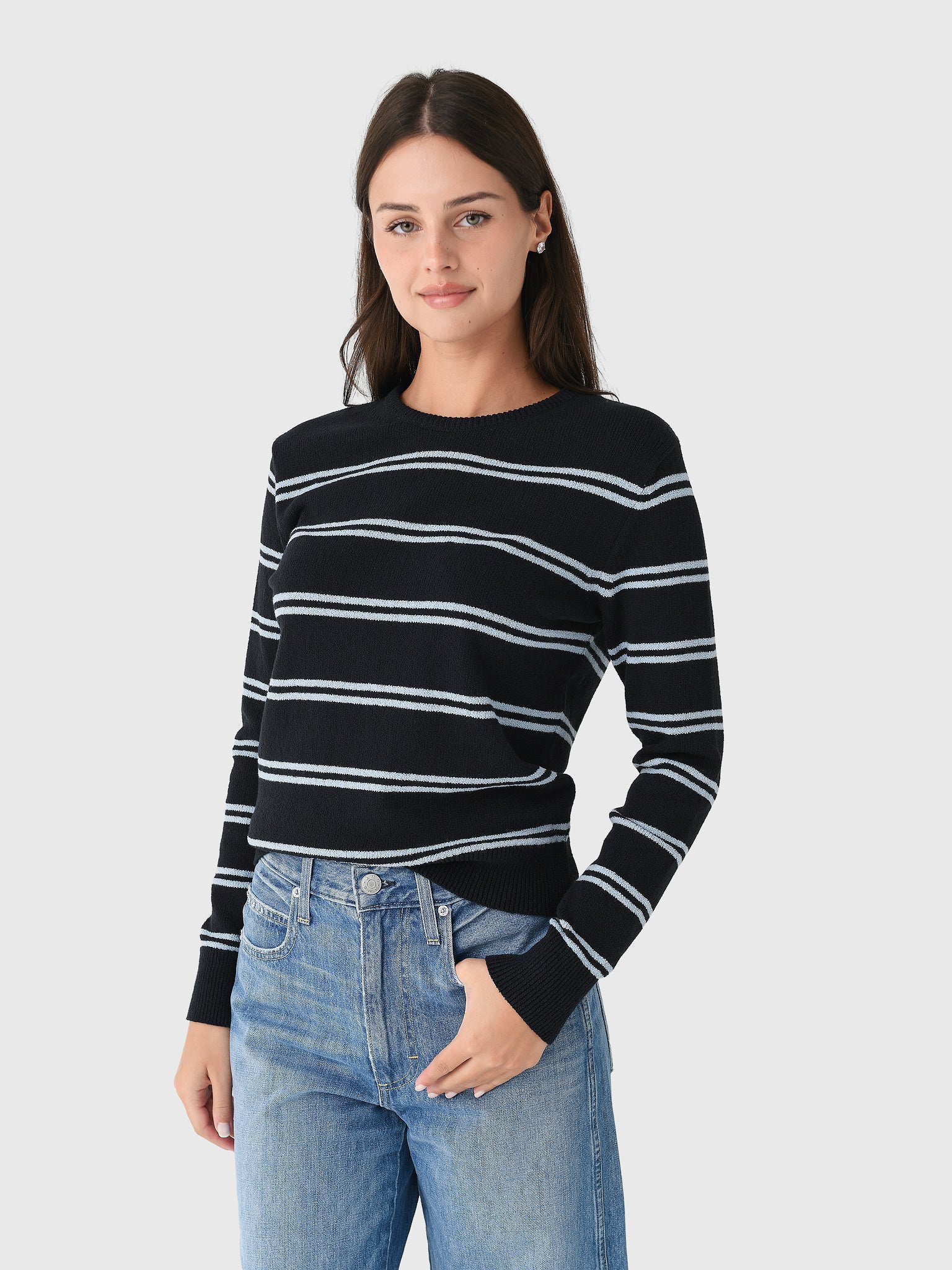White + Warren Women's Fine Cotton Bouclé Striped Crewneck Sweater - Saint Bernard