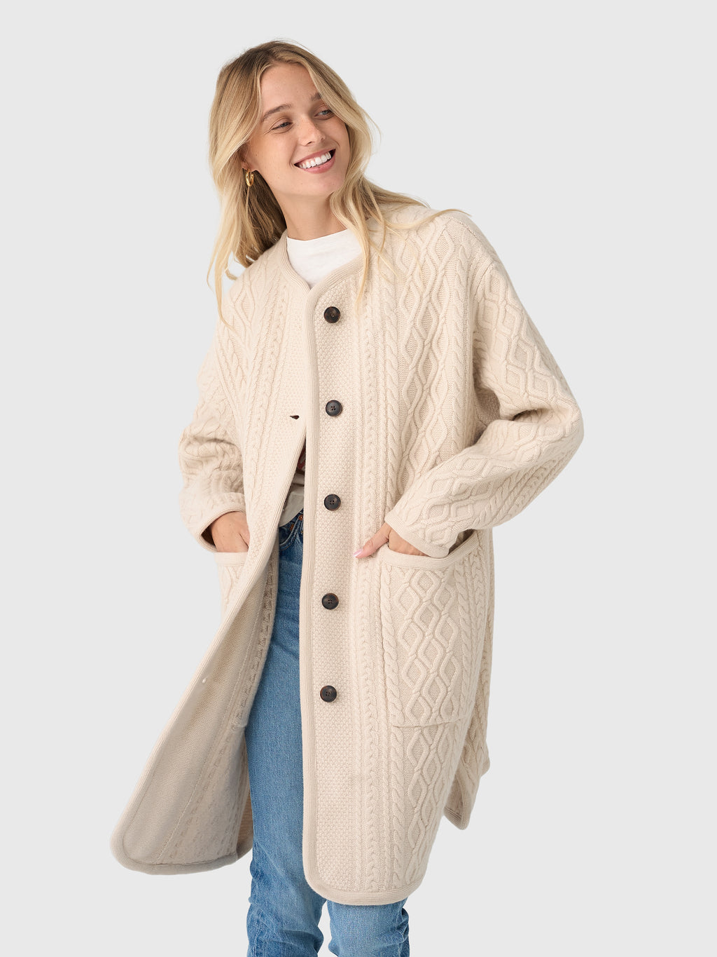 White + Warren Women's Merino Luxe Cable Coat - Saint Bernard
