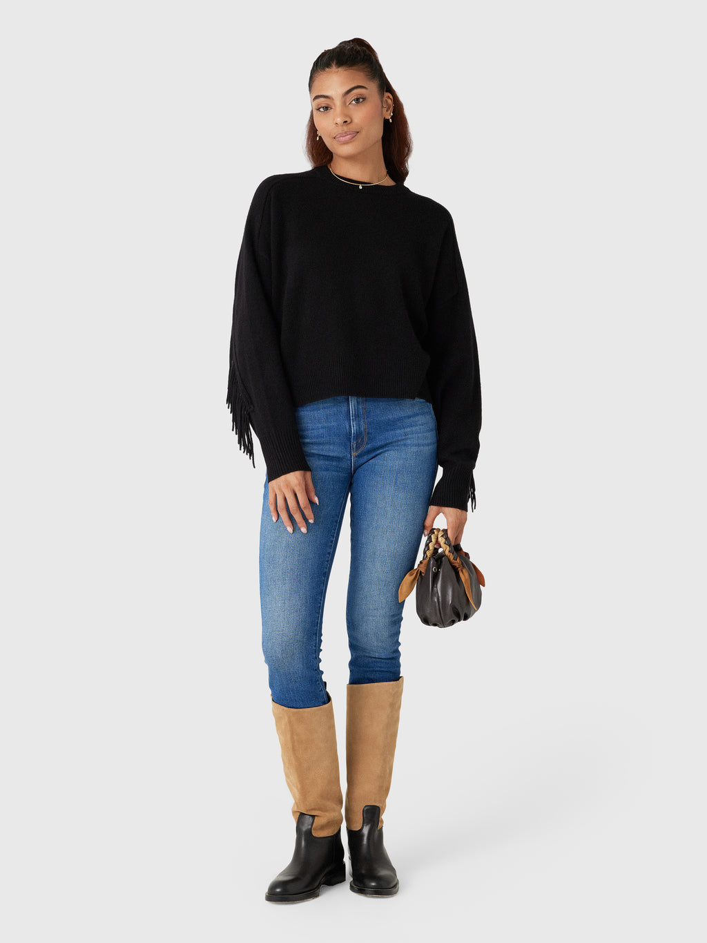 White & Warren Women's Cashmere Blend Luxe Fringe Crewneck Sweater - Saint Bernard