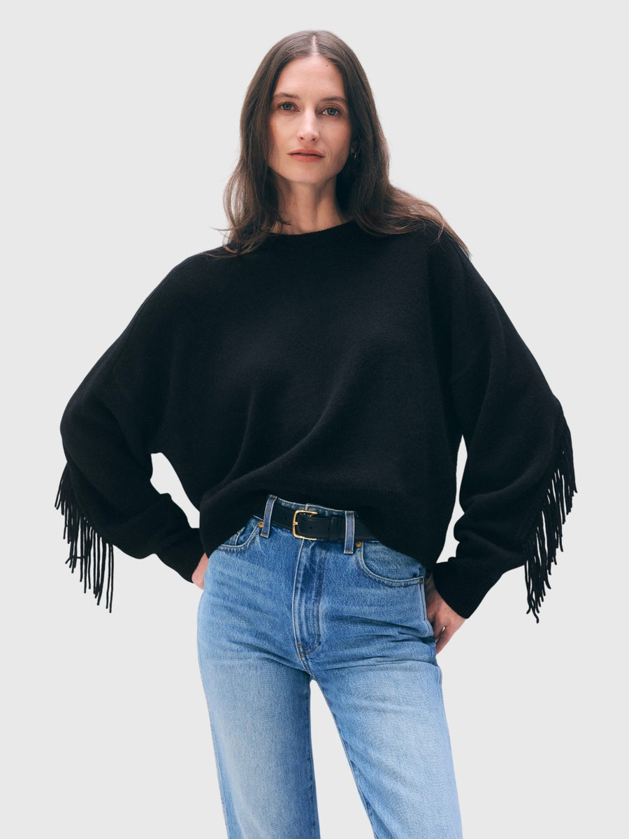 White & Warren Women's Cashmere Blend Luxe Fringe Crewneck Sweater - Saint Bernard