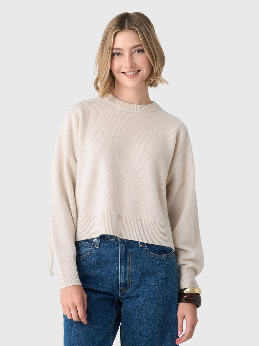 White + Warren Women's Cashmere Blend Luxe Fringe Crewneck Sweater - Saint Bernard