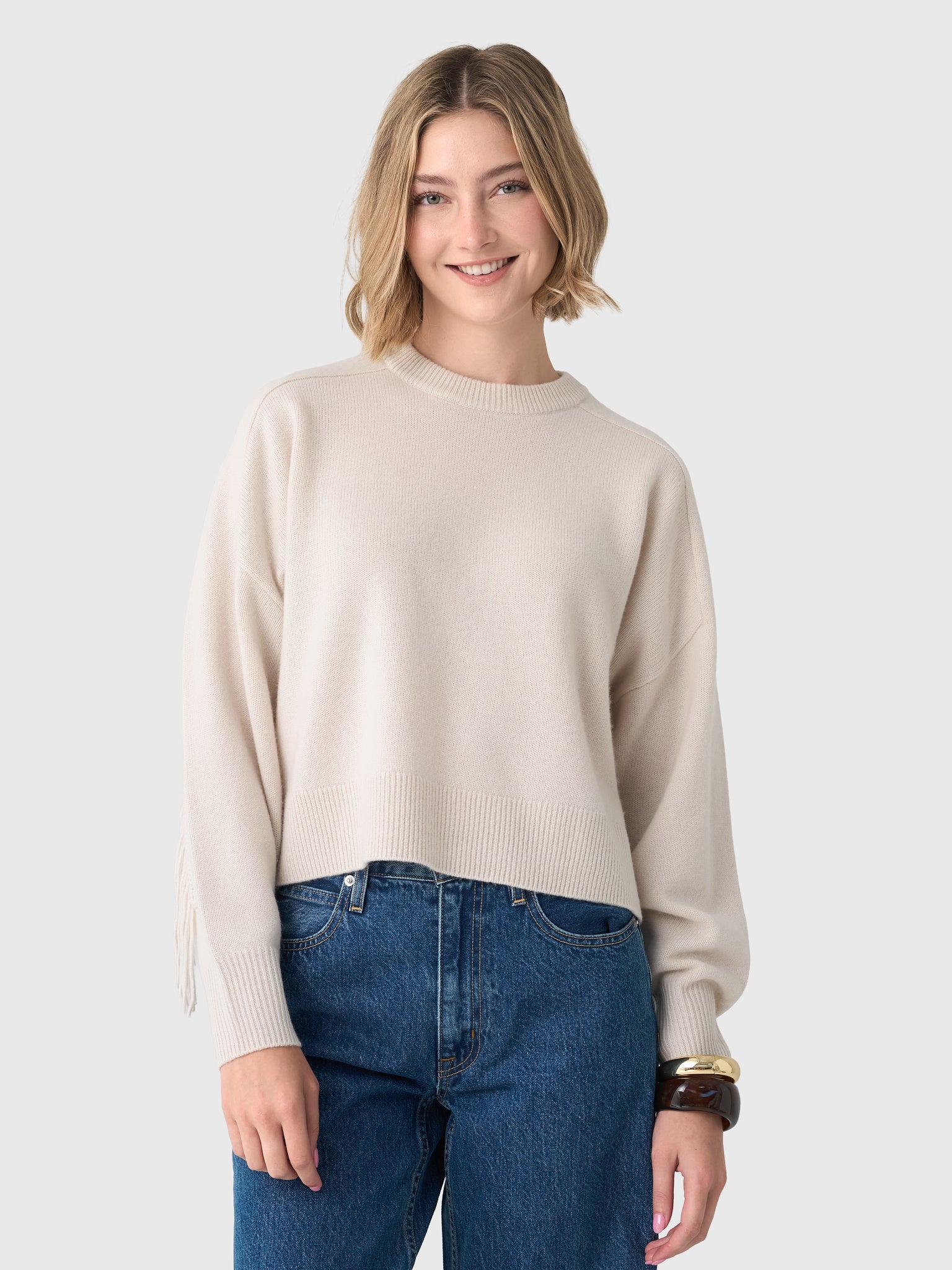 White + Warren Women's Cashmere Blend Luxe Fringe Crewneck Sweater - Saint Bernard