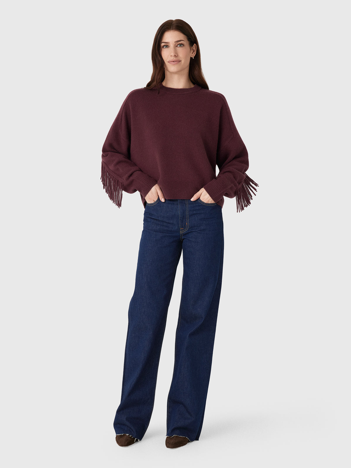 White & Warren Women's Cashmere Blend Luxe Fringe Crewneck Sweater - Saint Bernard