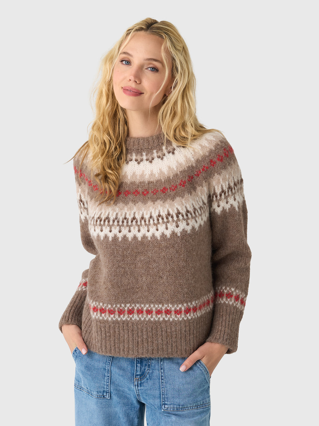 White + Warren Women's Alpaca Blend Fair Isle Crewneck Sweater - Saint Bernard