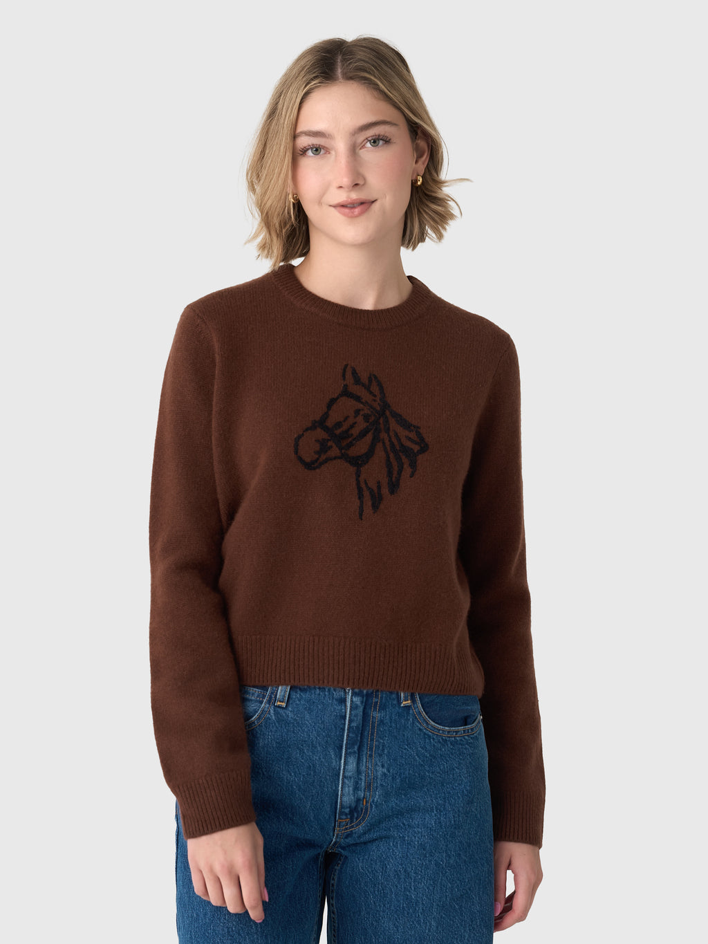 White + Warren Women's Cashmere Blend Horse Embroidered Crewneck Sweater - Saint Bernard