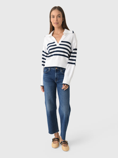 White + Warren Women's Varsity Cotton Striped Polo Sweater