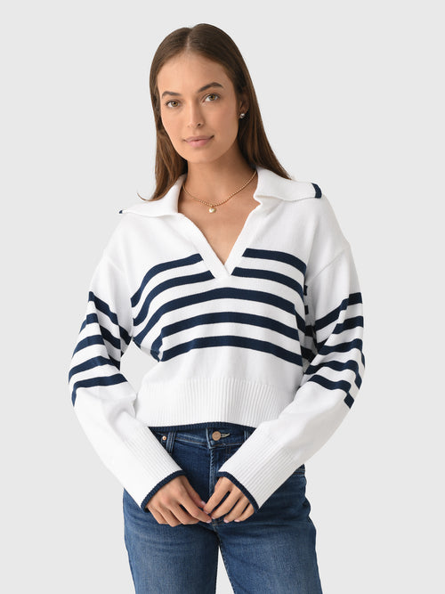 White + Warren Women's Varsity Cotton Striped Polo Sweater