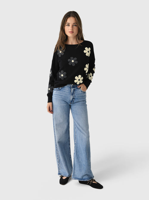 Eche Women's Two Tone Flower Crew Sweater